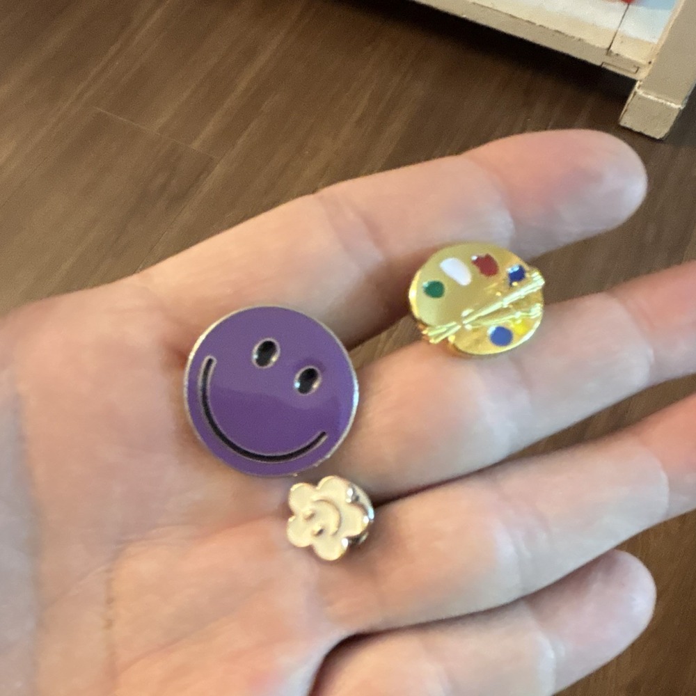 Lot of 3 Enamel Lapel Pins Pinbacks - Purple Smiley Face, Artist Palette, Cloud